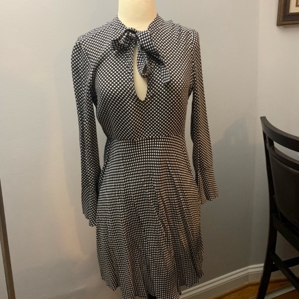 Zara black and white polka dot dress w neck tie
